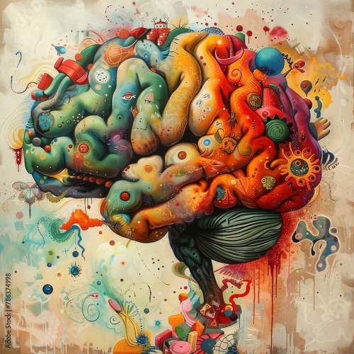 Surreal painting of a brain composed of various objects and textures symbolizing creativity and complexity
