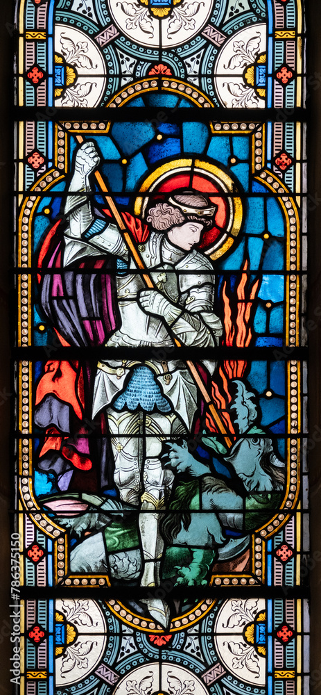 Saint Michael the Archangel. A stained-glass window in Église de la Sainte-Trinité (Holy Trinity Church) in Walferdange, Luxembourg.