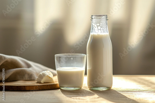 Glass of milk and bottle of milk displayed on wooden table with cloth  rustic farmhouse dairy product concept