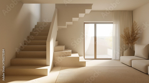 Contemporary beige stairs showcasing Scandinavian elegance, located in a cozy lounge with a window.