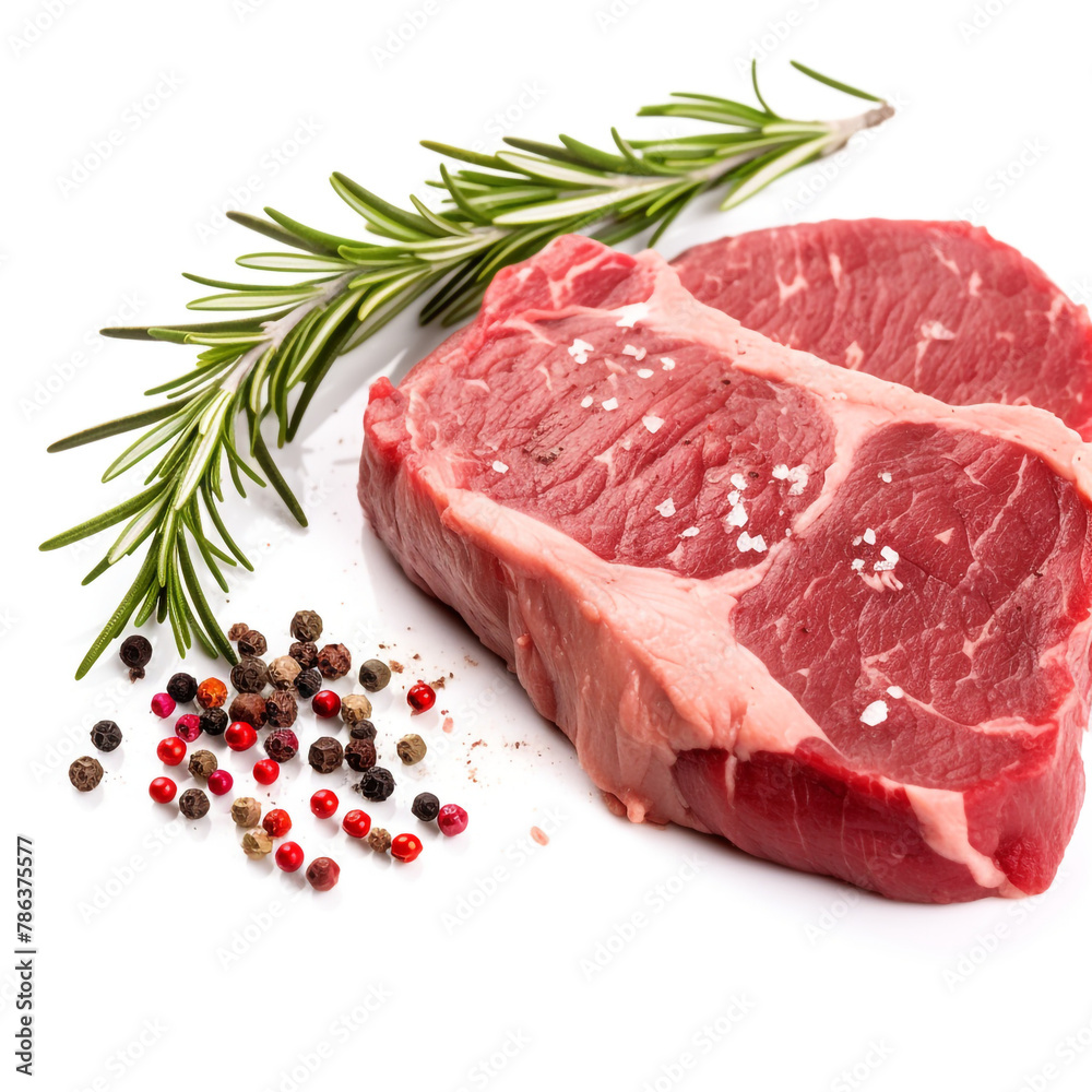Raw beef steak with rosemary and pepper isolated on white background сreated with Generative Ai Raw beef steak with rosemary and pepper isolated on white background сreated with Generative Ai