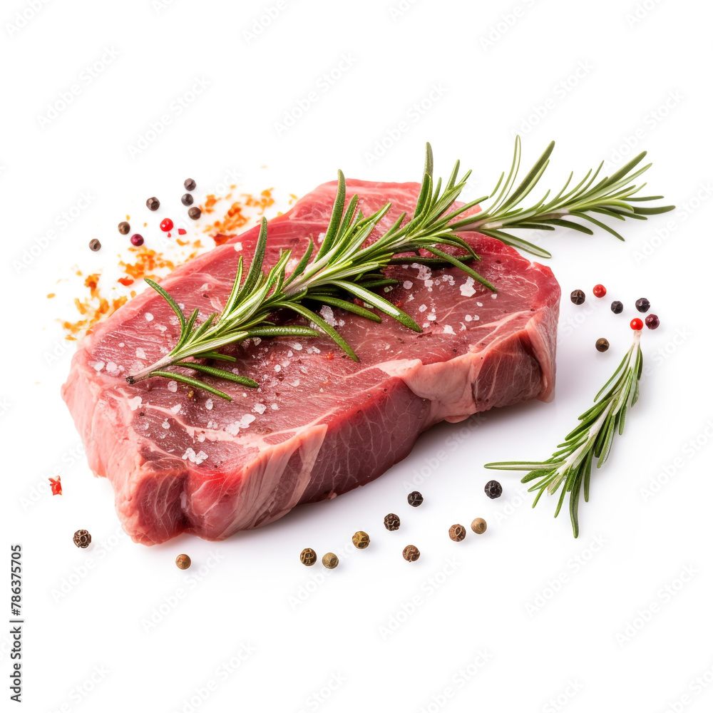 Raw beef steak with rosemary and pepper isolated on white background сreated with Generative Ai Raw beef steak with rosemary and pepper isolated on white background сreated with Generative Ai