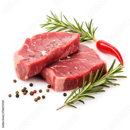 Raw beef steak with rosemary and pepper isolated on white background сreated with Generative Ai
