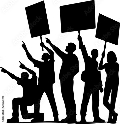 Protestation et grève. Silhouettes noires de personnes manifestant en manifestation pour des revendications ou oppositions.
 photo