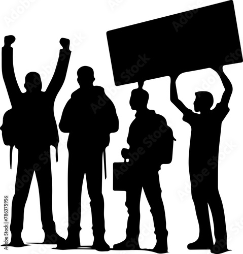 Protestation et grève. Silhouettes noires de personnes manifestant en manifestation pour des revendications ou oppositions.
 photo