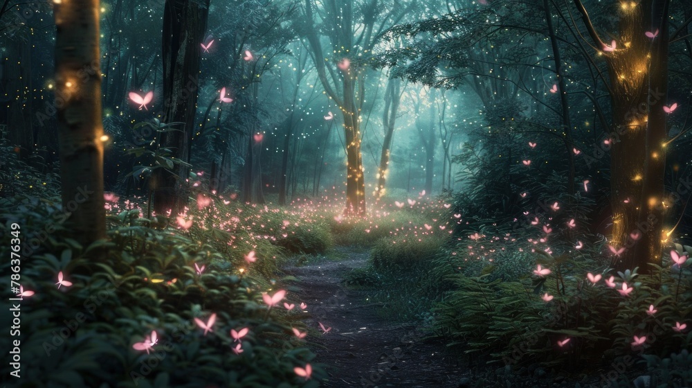 Magical fairy tale forest illuminated by pink fireflies with enchanting scenery