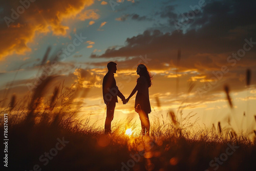 silhouette lovers hold hands together love each other forever during the sunset golden light, romantic concept © Aqsa