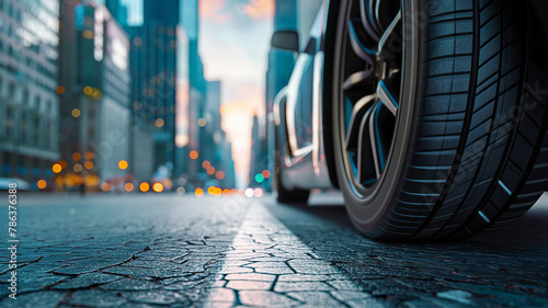  tires on the asphalt road in the city street  -  car and wheel with skyscrapers background 