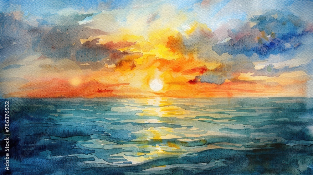 Watercolor seascape. Serene sunset scene capturing the warmth of the sun as it dips below the horizon, casting a golden glow across the sky.