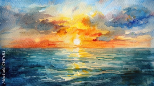 Watercolor seascape. Serene sunset scene capturing the warmth of the sun as it dips below the horizon, casting a golden glow across the sky. © Postproduction