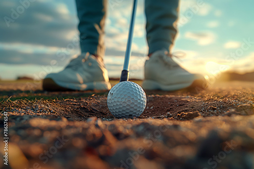 This photo captures a beautiful summer day on the golf course. Focus on the golf ball that you are about to putt. Be it in a sandpit or in a bright green environment.	 photo