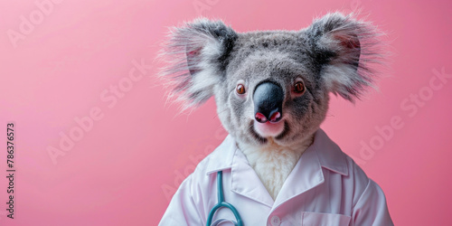Cute koala dressed as a doctor with stethoscope on pink background for animal healthcare concept photo