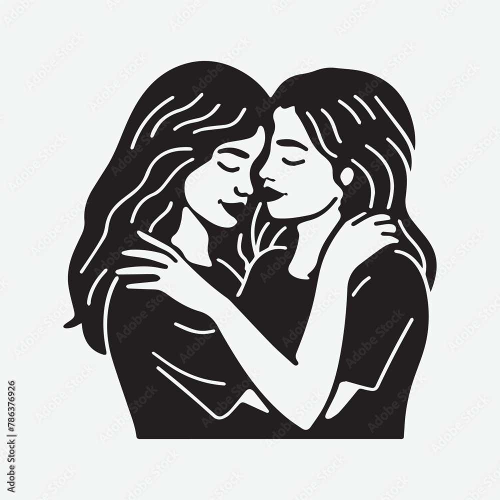 Medium shot happy friends hugging black & white vector Silhouette Illustration