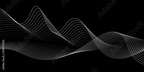 Flowing dots particles wave pattern 3D curve halftone black gradient curve shape isolated on white background.