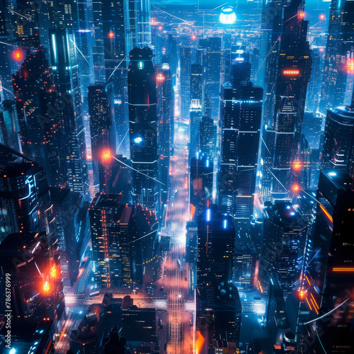 A futuristic cityscape at night