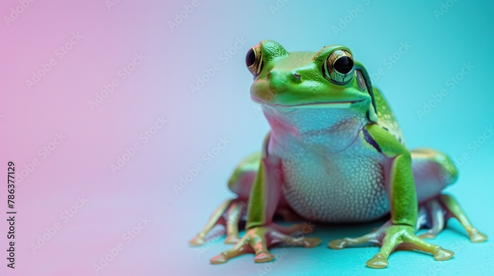 Green exotic frog on pastel blue and pink gradient background, leap year day concept. Green exotic frog on pastel blue and pink gradient background, leap year day concept.