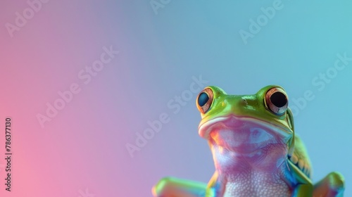 Whimsical leap year day theme with vibrant green frog on soft blue and pink gradient backdrop.