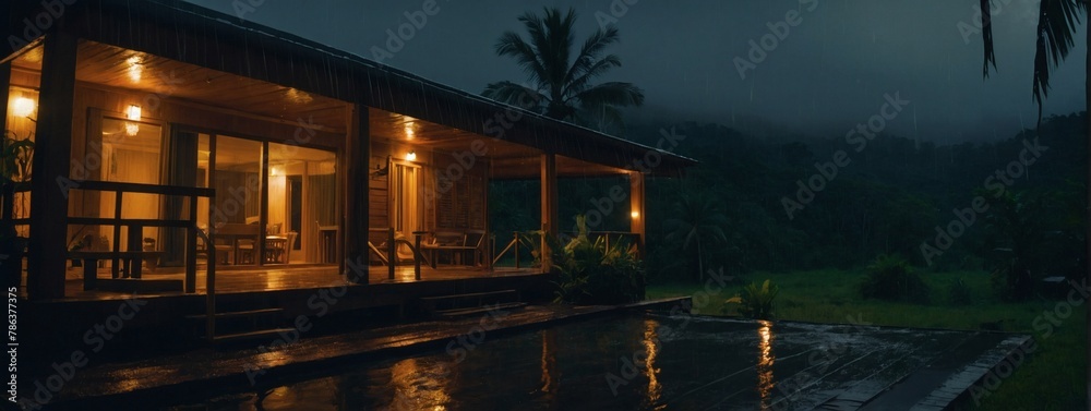 Rain on the bungalow in the wilderness, tropic, quiet, calm, peaceful, solitude, night, relax.