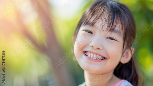 Joyful Asian girl with healthy teeth and metal braces, emphasizing pediatric dentistry concept.