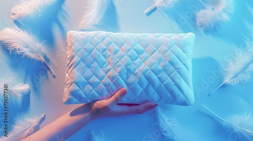 A person is holding a quilted pillow amid a calm blue background with floating feathers photo