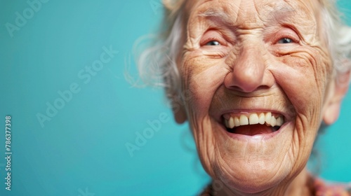 Elderly woman with dental prosthetics smiling in portrait.