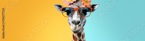 A giraffe in a sundress, with a Summer vibe, 3D render, illustration, minimalist, 8K, closeup, professional color grading