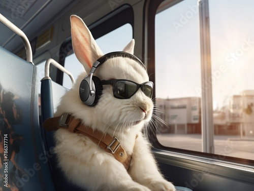 A lifelike rendering of a rabbit with headphones and reading glasses on a city bus  3D render  illustration  minimalist  8K  closeup  professional color grading