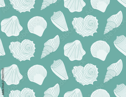 Seamless background of various seashells, pattern with seashells.
