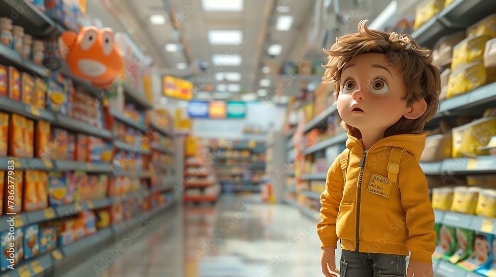 3D cartoon character lost in a large supermarket, humorous navigation with store map