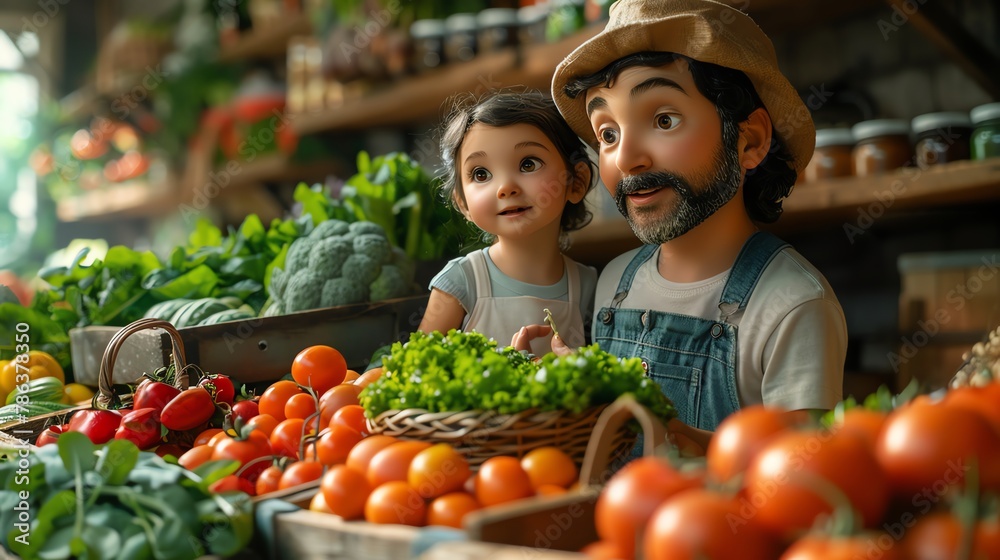 3D cartoon single dad shopping with his young daughter, picking fresh fruits and vegetables 3D cartoon single dad shopping with his young daughter, picking fresh fruits and vegetables