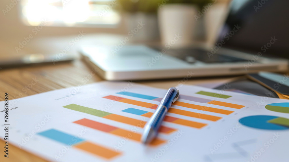 Graphs, paper and pen on desk for analysis, information and market research with financial statistics. Analytics, economics and accounting with profit, assets and stocks for investment with report Graphs, paper and pen on desk for analysis, information and market research with financial statistics. Analytics, economics and accounting with profit, assets and stocks for investment with report