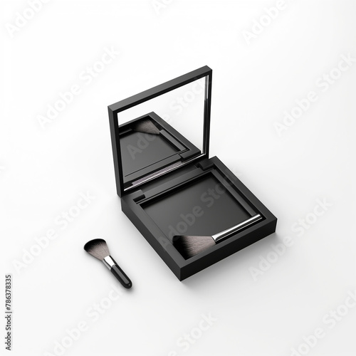 Isometric view of a Makeup powder small square set with mirror and a small brush on a white background сreated with Generative Ai