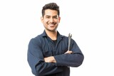 Smiling Auto Mechanic With Wrench Standing Hands Folded White Background