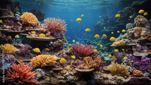 Colorful coral reef  with fish, copy text  © Maryna Andriianova