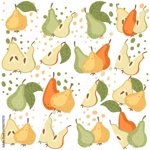 Seamless pattern with whole and halved pear green and yellow fruits vector illustration on white background
