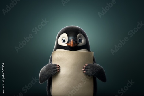 Penguin clutching an ancient scroll, historical mystery, dusk, wide angle, epic journey, 3D render, illustration, minimalist