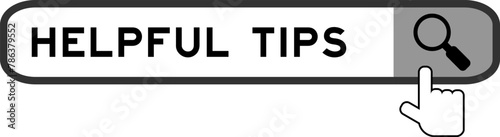 Search banner in word helpful tips with hand over magnifier icon on white background