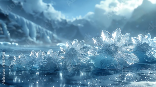 Arctic tundra with ice crystals forming sacred symbols on the frozen surface, serene and cold