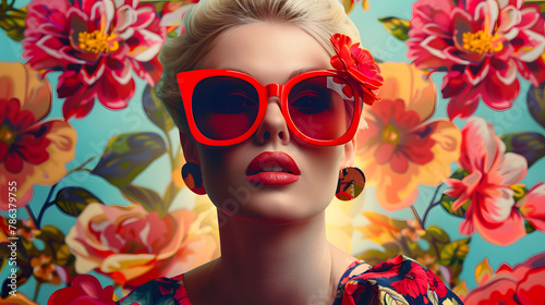  female person with oversized red sunglasses on floral background in bright retro colors. 
