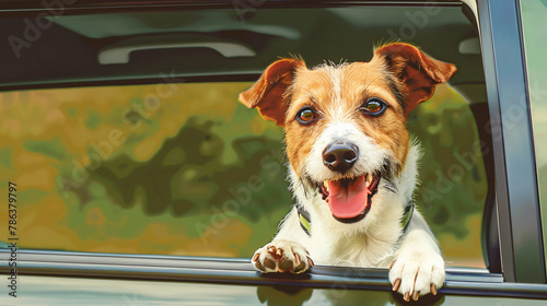 Happy terrier dog traveling by car