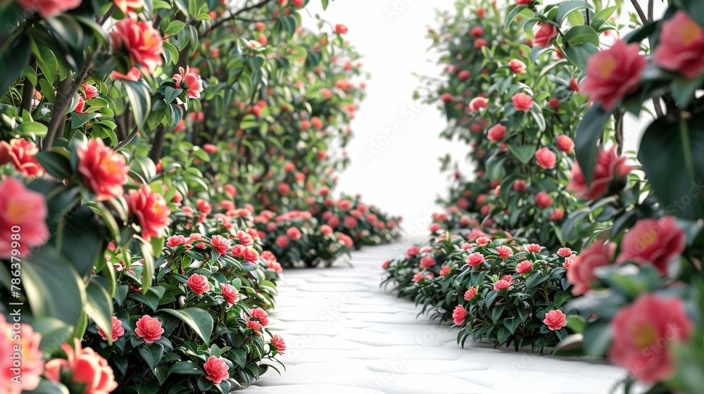 A path lined with red flowers leads to a white wall