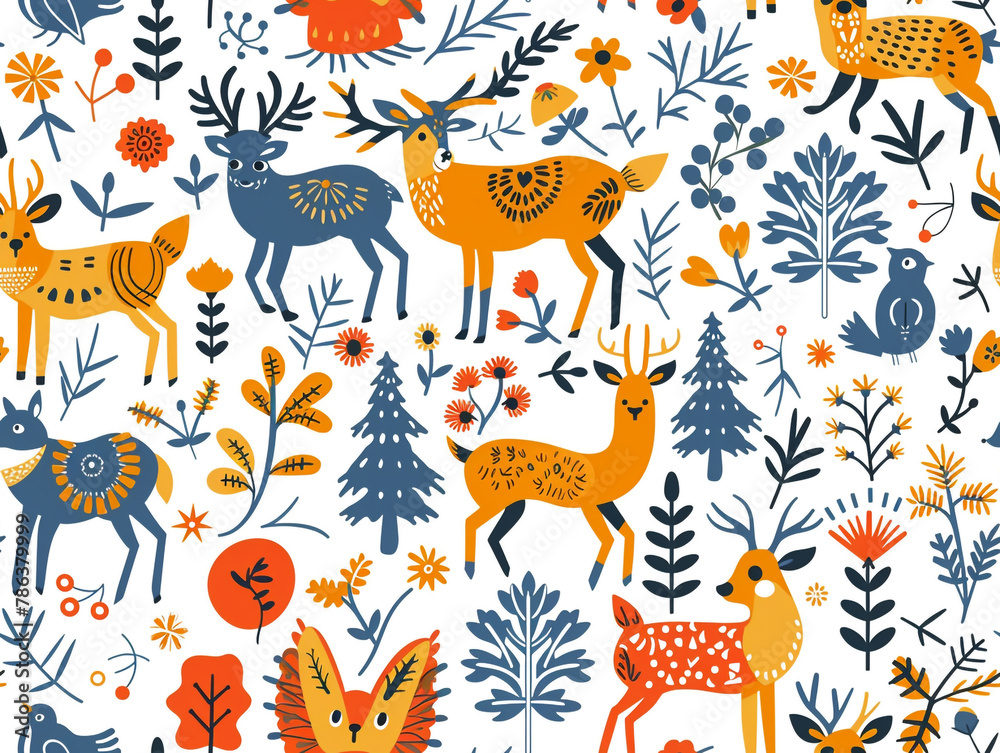 Obraz premium Forest animal and flower drawing Folk art seamless pattern. Scandinavian style. 
