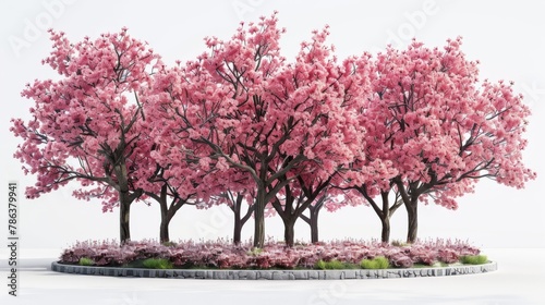 A row of pink trees are lined up in a garden