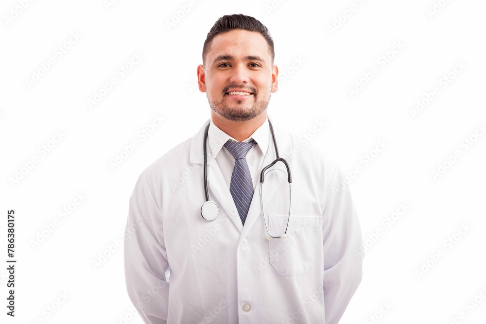 Attractive Young Male Nutriologist Lab Coat Smiling Against White Background