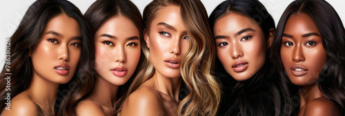 women of different ethnicities, of mixed race with beautiful skin posing for the camera in a studio with a white background, with different hair and eye colors