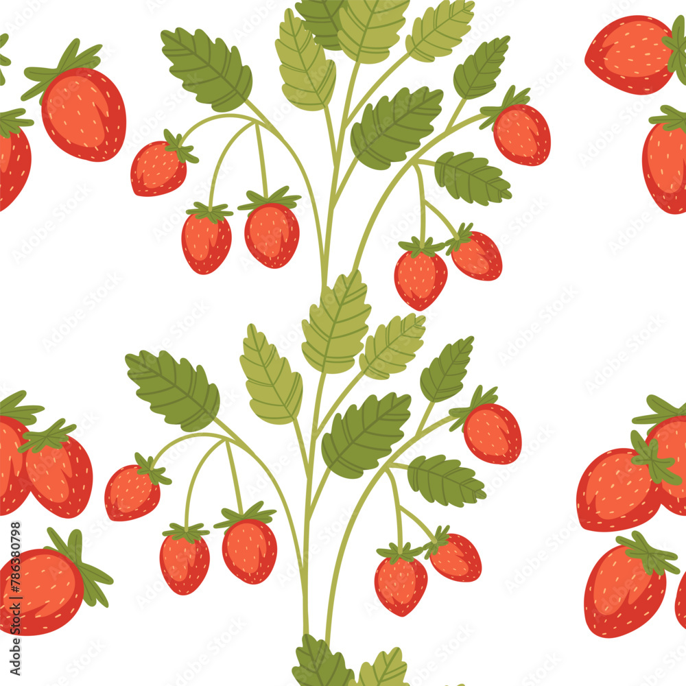Red tasty wild strawberry on green stem with leaves vector illustration on white background Red tasty wild strawberry on green stem with leaves vector illustration on white background