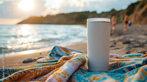 Design a product mockup with a tall drinking glass on top of a colorful beach towel. Packaging photo