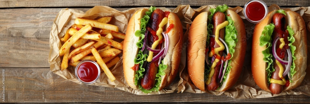 Top view of traditional hot dogs and french fries on wooden table with space for text