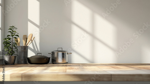 Kitchen Utensils on Wooden Countertop: Cooking Pot and Spatulas