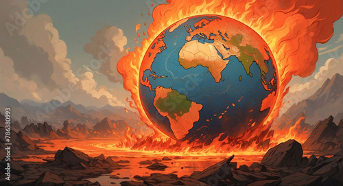 Dramatic illustration of Earth globe burning with flames. Climate change, global warming, apocalypse concept. photo